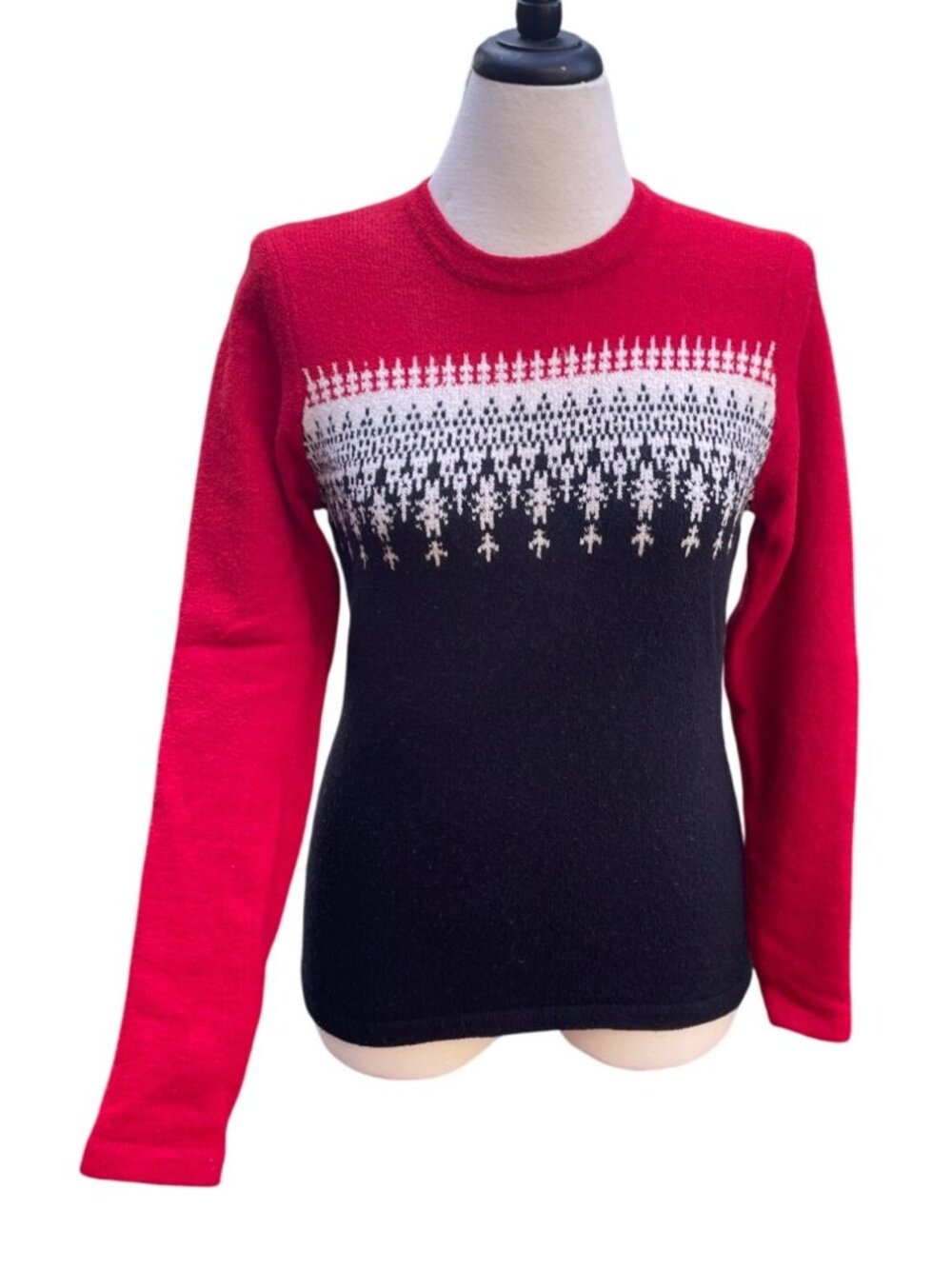 Wool Blend Sweater Red & Black With White Pattern Pullover Long Sleeve Small